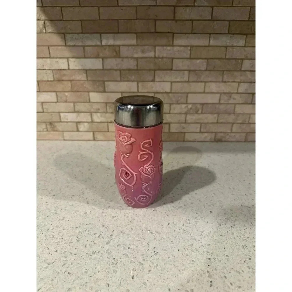 Disney Pink Rhinestone Rose Belle‎ Beauty & the Beast Glass Travel Water Bottle